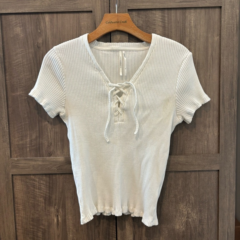 Anthropologie XL White Ribbed Lace-Up Top short sleeve fitted